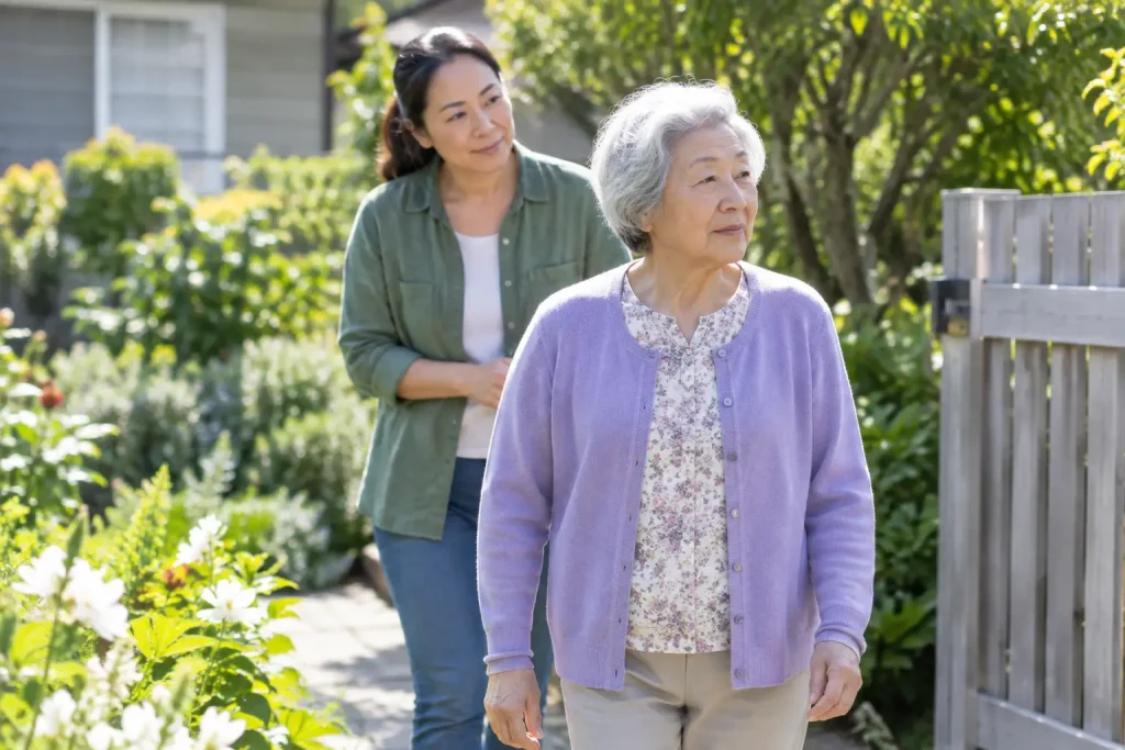 Older woman walking towards a garden gate with a younger woman nearby