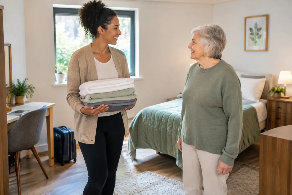 Older woman talking with a woman holding folded towels in a furnished bedroom