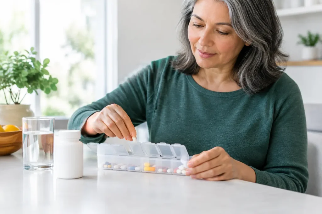 Woman placing a tablet into a weekly dosette box at a kitchen table with a medicine bottle and glass of water nearby