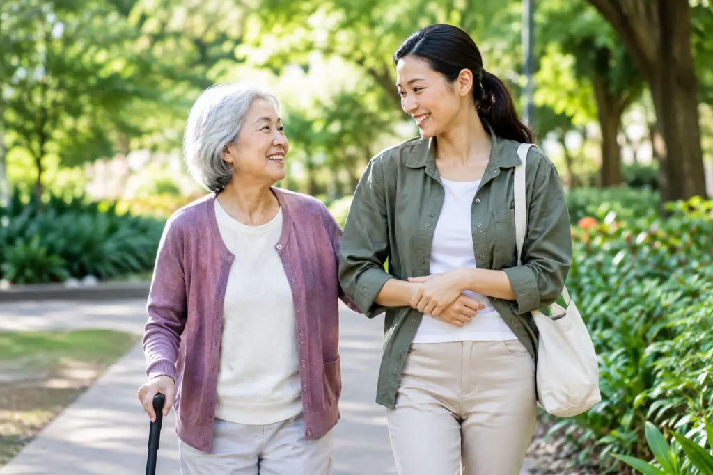 Older woman using a walking stick while smiling and talking with a younger companion on a tree-lined path