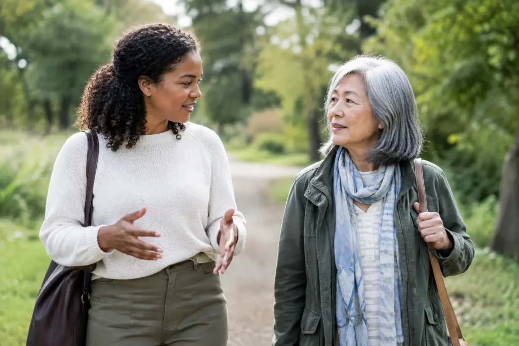 Younger woman talking and gesturing while walking alongside an older woman on a tree-lined path