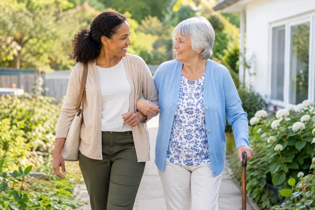 Older woman using a walking stick while walking arm in arm with a younger companion along a garden path outside her home