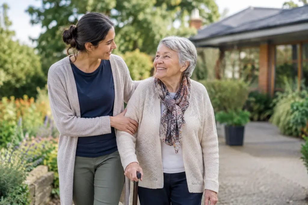 Older woman using a walking stick while smiling at a younger companion outside a home