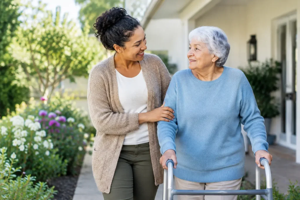 Older woman using a walking frame while a younger companion offers reassurance beside her outside a home