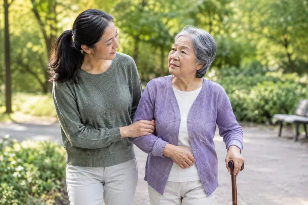 Older woman holding a walking stick while walking alongside a younger companion on a leafy garden path