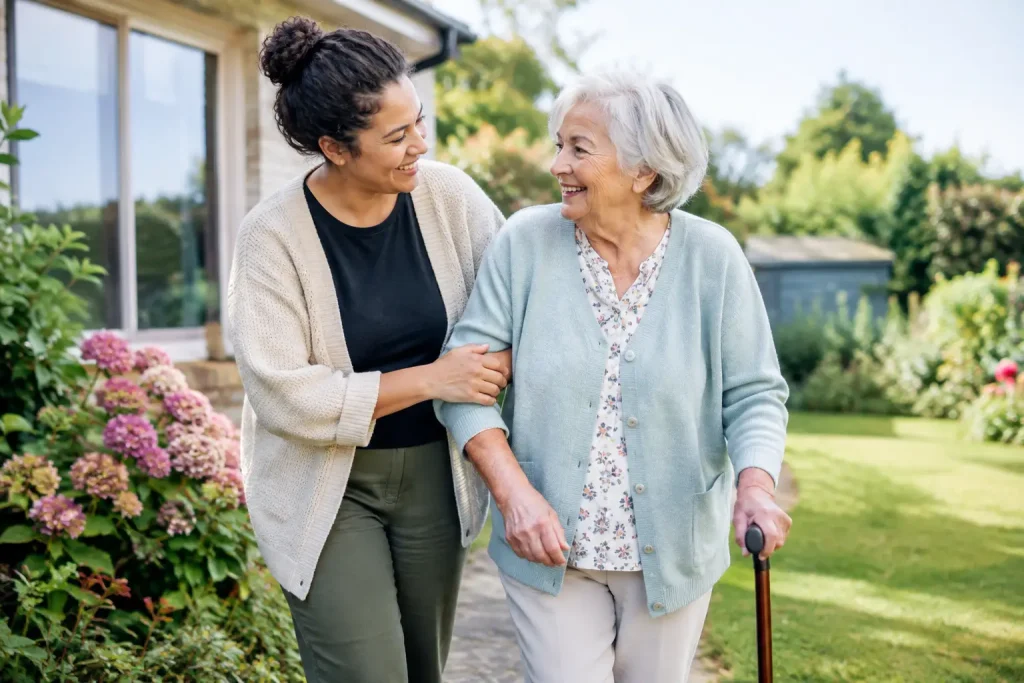 Older woman walking with a stick alongside a younger companion in the garden outside her home