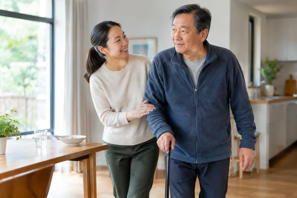 Older man using a walking stick with a woman supporting him nearby at home