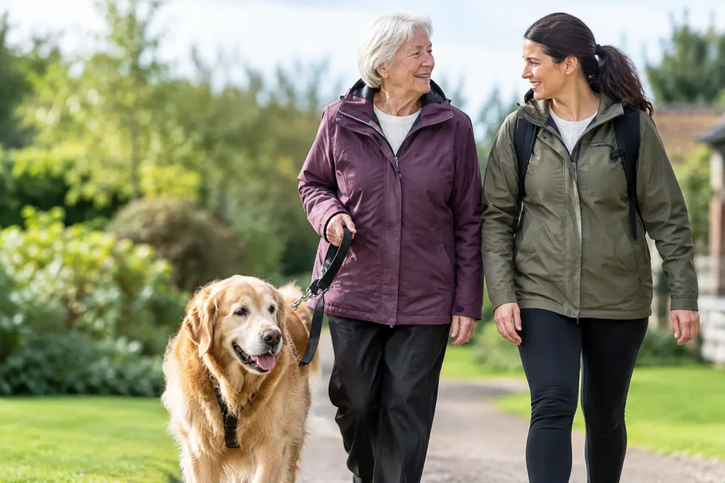 Older woman walking a golden retriever on a lead alongside a younger woman on a leafy outdoor path