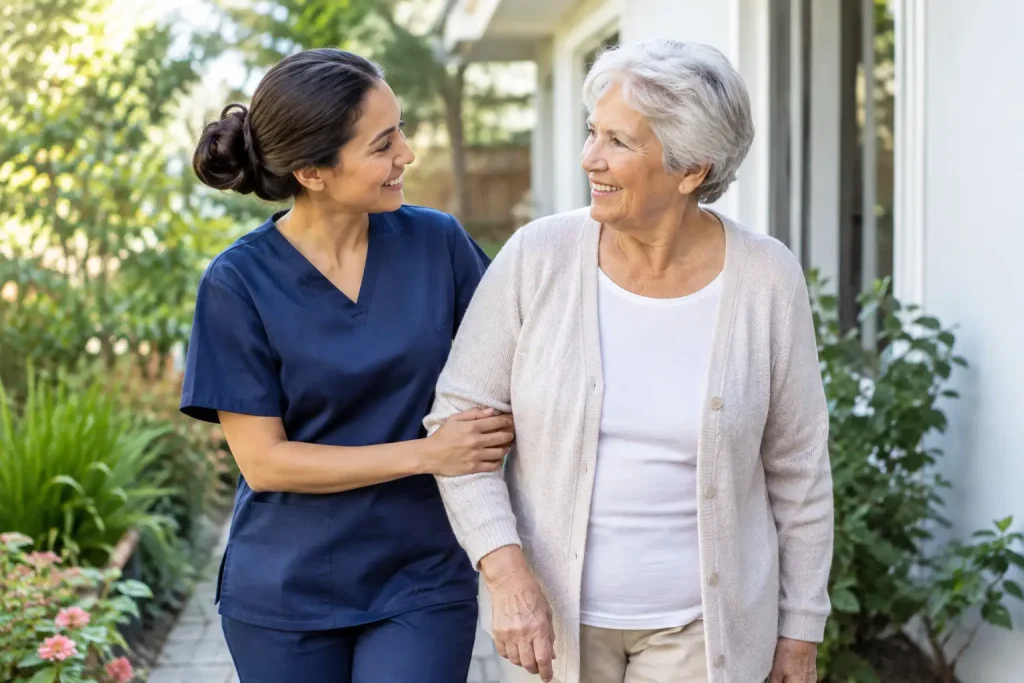 Older woman smiling at a younger care professional wearing navy scrubs outside a home